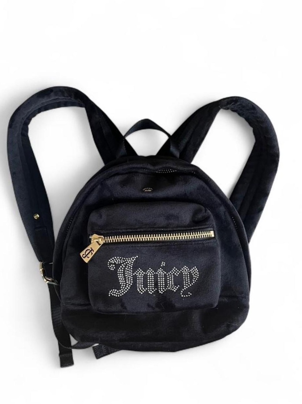 Y2K Juicy Couture black velvet backpack with rhinestone logo